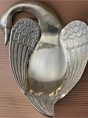 Vintage Brass Swan Dish Bowl Trinket Tray Mid Century Modern Bird Decor